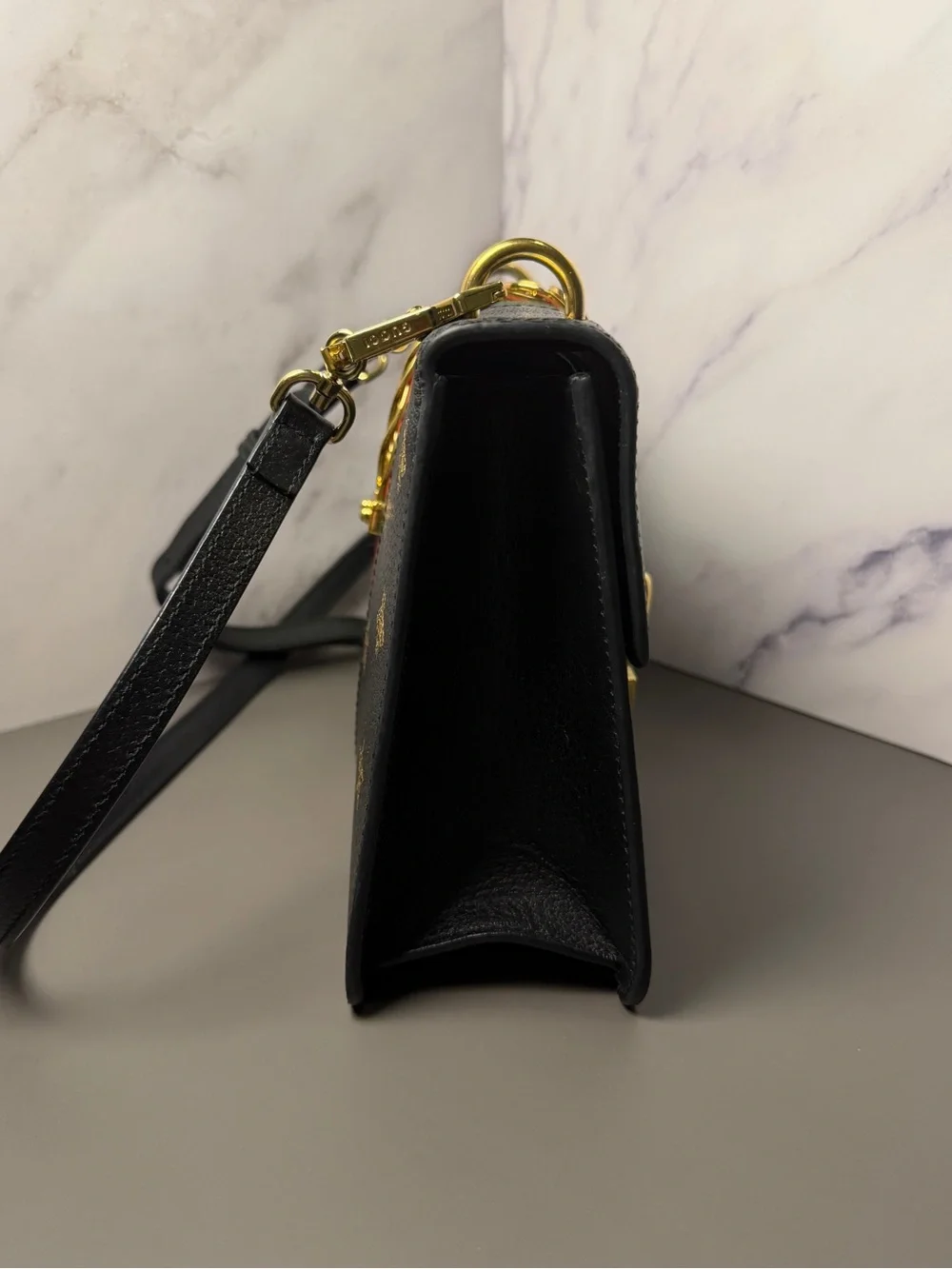 Gucci Sylvia Bee Black Leather Shoulder Bag with Green-Red Web and Gold Hardware